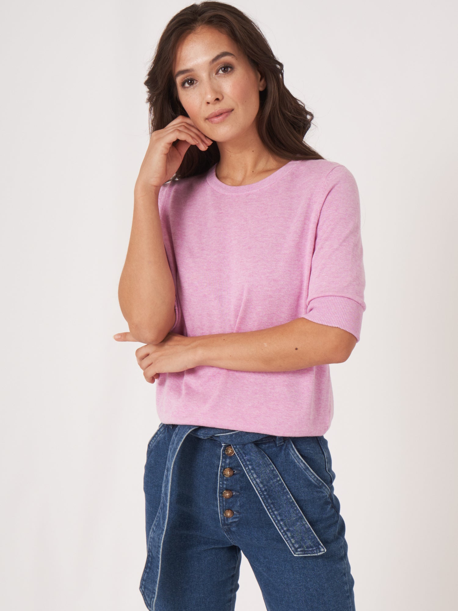 Repeat Basic Fine Knit Short Sleeve Pullover In Organic Cotton Blend