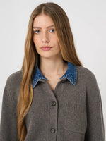 Load image into Gallery viewer, Repeat Cashmere-Wool Cardigan with Denim Collar
