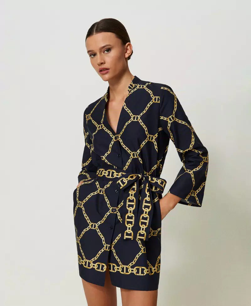 TwinSet Short poplin dress with chain print