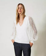 Load image into Gallery viewer, Twinset  Top with lace sleeves
