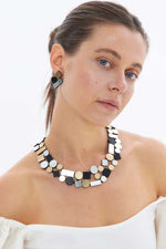 Load image into Gallery viewer, Iskin Sisters BAUHAUS ROUND NECKLACE - DOUBLE LAYER - SILVER + BLACK + GOLD
