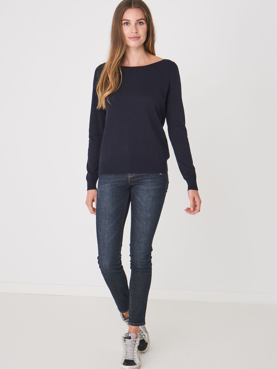 Repeat Basic Boat Neck Cotton Blend Sweater