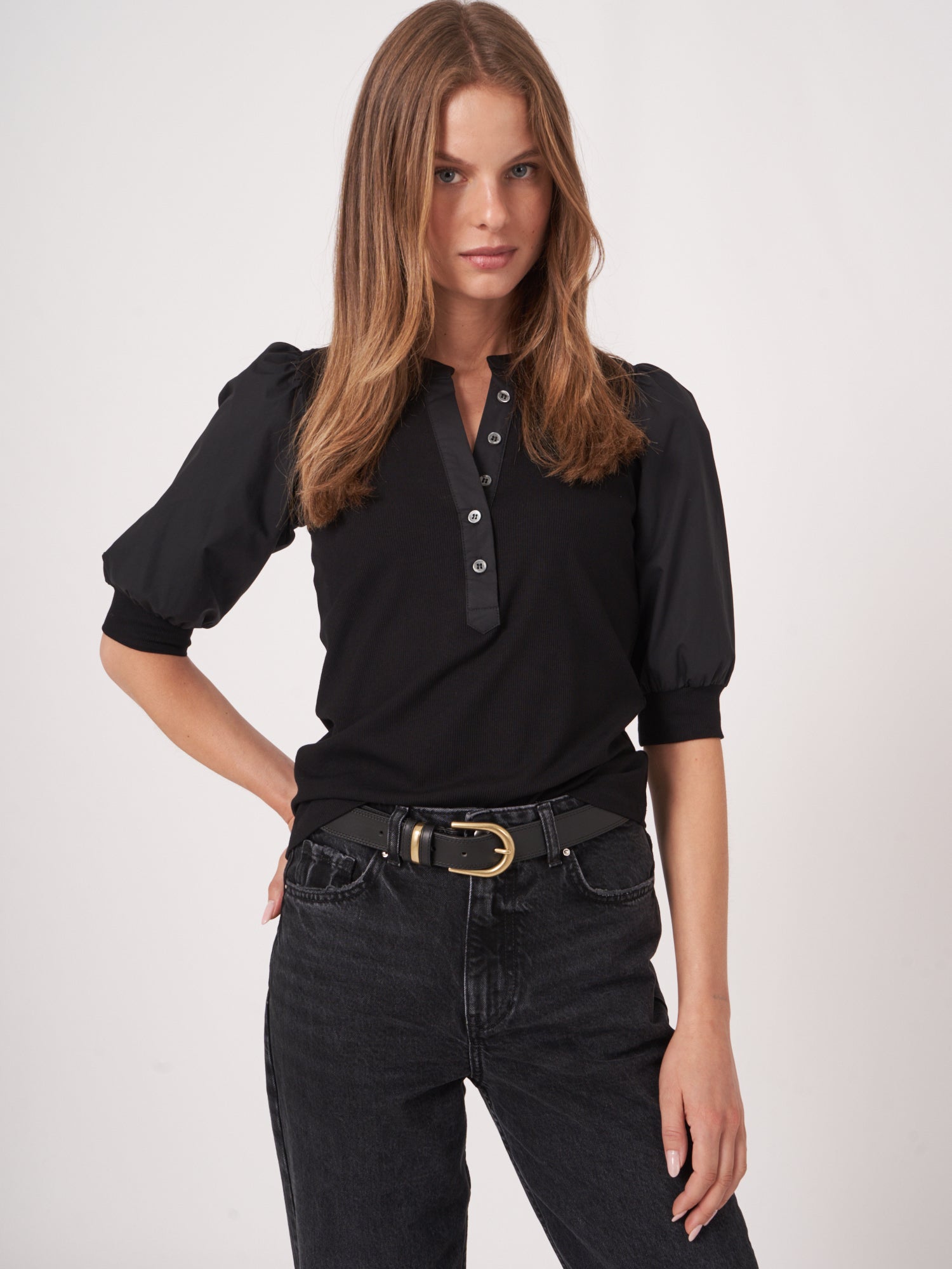 Repeat mix fabric top in Black