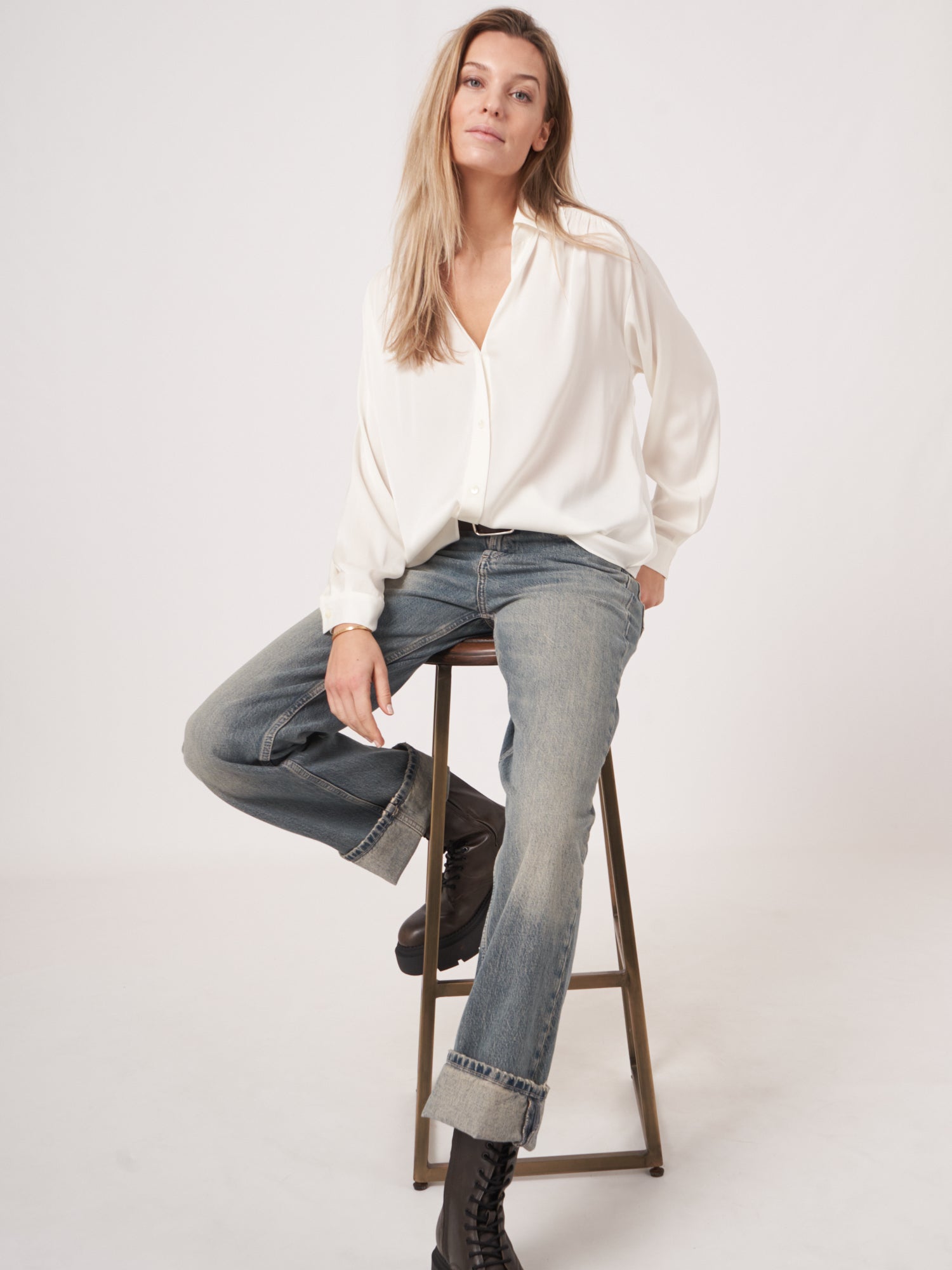 Repeat Silk Boxy Shirt With Pleated Details