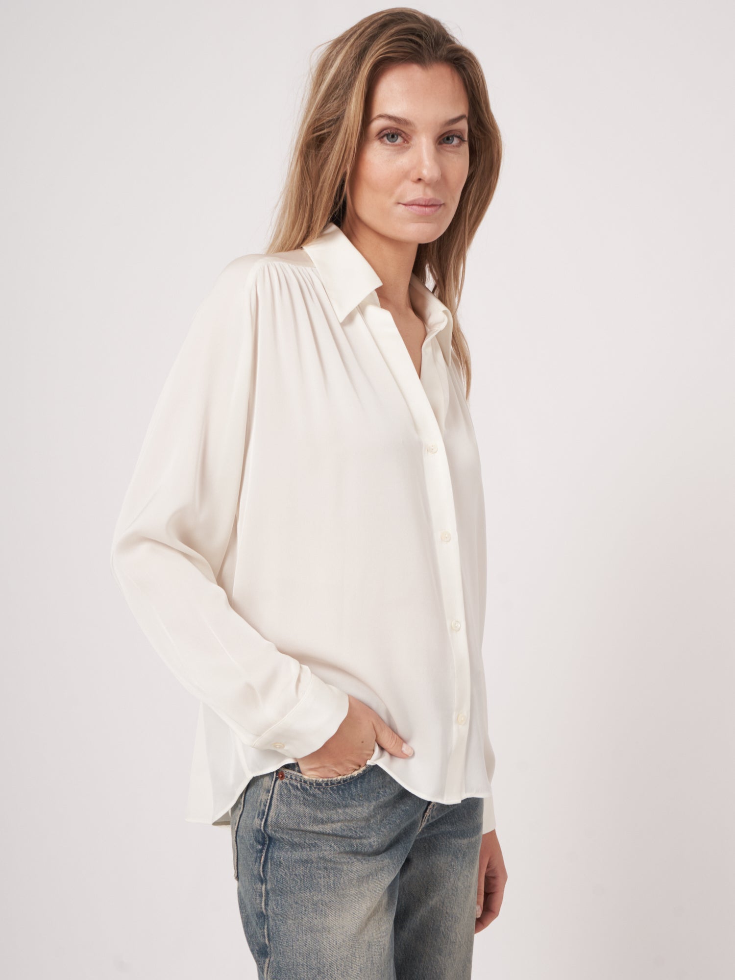 Repeat Silk Boxy Shirt With Pleated Details