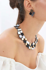 Load image into Gallery viewer, Iskin Sisters BAUHAUS ROUND NECKLACE - DOUBLE LAYER - SILVER + BLACK + GOLD
