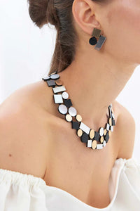 Iskin Sisters BAUHAUS ROUND NECKLACE - DOUBLE LAYER - SILVER + BLACK + GOLD