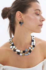 Load image into Gallery viewer, Iskin Sisters BAUHAUS ROUND NECKLACE - DOUBLE LAYER - SILVER + BLACK + GOLD
