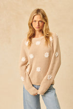 Load image into Gallery viewer, John &amp; Jenn Hendrix Crew Neck Cotton Sweater With Embroidered Flowers- Sandstone
