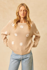 Load image into Gallery viewer, John &amp; Jenn Hendrix Crew Neck Cotton Sweater With Embroidered Flowers- Sandstone
