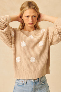 John & Jenn Hendrix Crew Neck Cotton Sweater With Embroidered Flowers- Sandstone