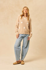 Load image into Gallery viewer, John &amp; Jenn Hendrix Crew Neck Cotton Sweater With Embroidered Flowers- Sandstone
