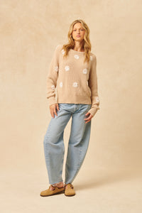 John & Jenn Hendrix Crew Neck Cotton Sweater With Embroidered Flowers- Sandstone