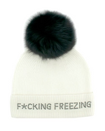 Load image into Gallery viewer, Mitchie's BLACK "F*CKING FREEZING" KNIT HAT WITH FOX POMPOMS
