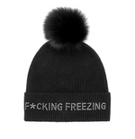 Load image into Gallery viewer, Mitchie's BLACK "F*CKING FREEZING" KNIT HAT WITH FOX POMPOMS
