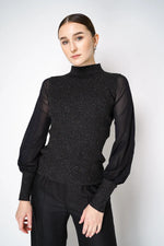 Load image into Gallery viewer, D. EXTERIOR RIBBED KNIT TOP WITH TULLE SLEEVES IN BLACK
