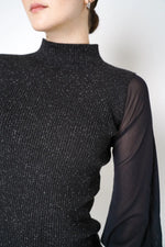 Load image into Gallery viewer, D. EXTERIOR RIBBED KNIT TOP WITH TULLE SLEEVES IN BLACK
