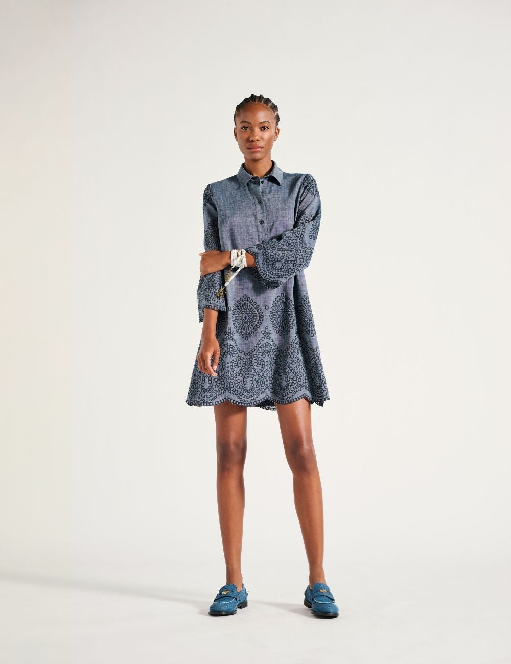 LUISA CERANO DENIM DRESS WITH EMBROIDERED PATTERN