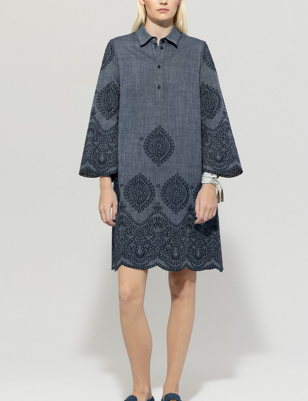 LUISA CERANO DENIM DRESS WITH EMBROIDERED PATTERN