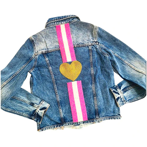 Denim Jacket with Beaded Stripe and Bee or Heart