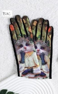 Black Winter Glove with Cat Print